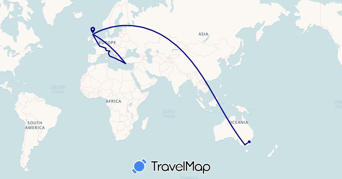 TravelMap itinerary: driving in Australia, Switzerland, France, United Kingdom, Greece, Italy (Europe, Oceania)